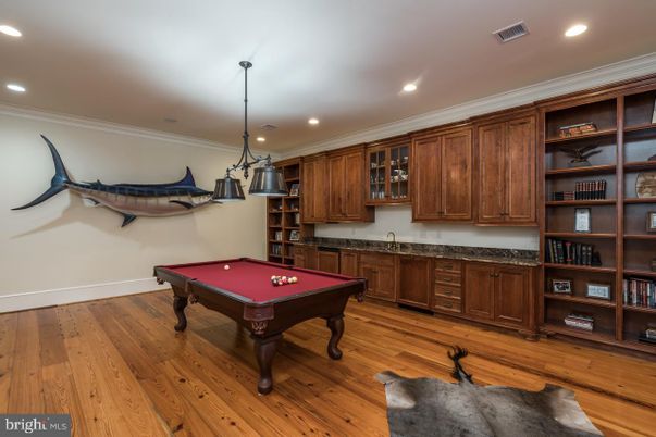 Billiard Table, Game Room, Interior, Pendant Lights, Recessed Lighting, Wood Texture Flooring