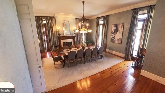 Chandelier, Dining room, Fireplace, Interior, Pendant Lights, Recessed Lighting, Wood Texture Flooring