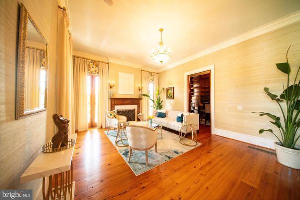 Chandelier, Fireplace, Interior, Living room, Recessed Lighting, Wood Texture Flooring