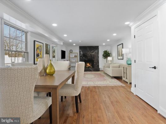 Dining room, Fireplace, Interior, Living room, Recessed Lighting, Wood Texture Flooring