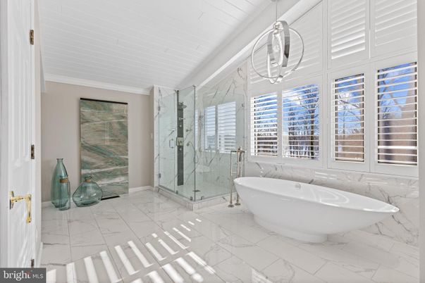 Bathroom, Free Standing Baths, Glass Shower, Interior, Marble, Marble Walls