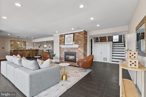 Fireplace, Interior, Living room, Pendant Lights, Recessed Lighting, Stone Walls