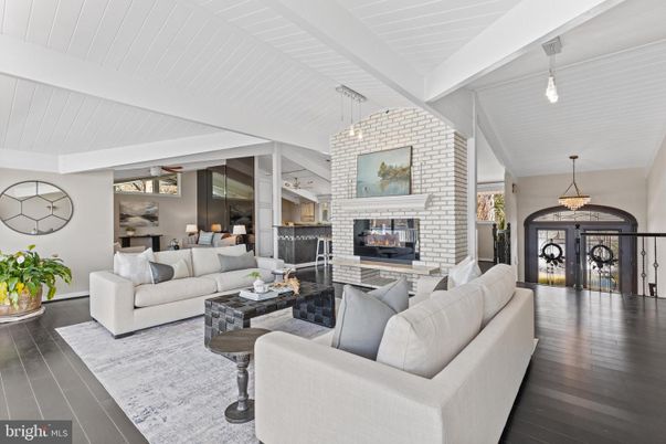 Dining room, Fireplace, Interior, Living room, Pendant Lights, Stone Walls, Wood Texture Flooring