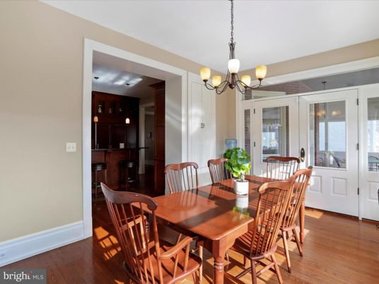 Chandelier, Dining room, Interior, Wood Texture Flooring