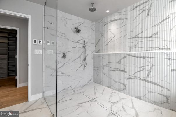 Bathroom, Glass Shower, Interior, Marble, Marble Walls, Recessed Lighting