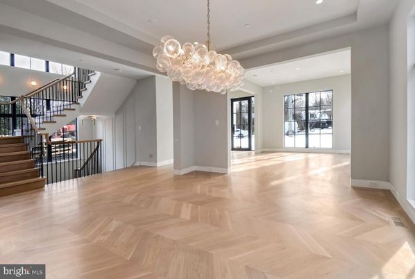 Chandelier, Empty room, Interior, Recessed Lighting, Wood Texture Flooring