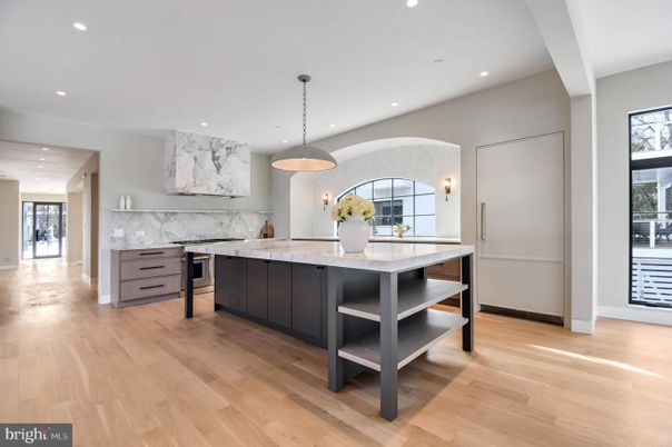 Interior, Kitchen, Marble Walls, Pendant Lights, Recessed Lighting, Wood Texture Flooring