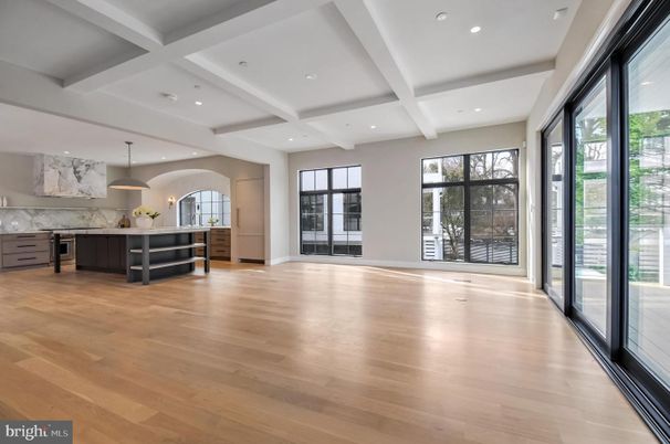 Interior, Kitchen, Marble Walls, Pendant Lights, Recessed Lighting, Wood Texture Flooring