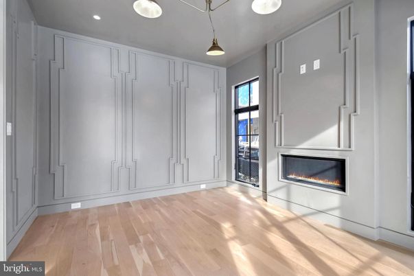 Empty room, Fireplace, Interior, Pendant Lights, Recessed Lighting, Wood Texture Flooring