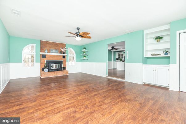 Empty room, Fireplace, Interior, Stone Walls, Wood Texture Flooring