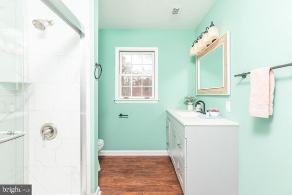 Bathroom, Glass Shower, Interior, Wood Texture Flooring