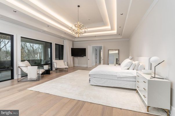 Bedroom, Chandelier, Interior, Pendant Lights, Recessed Lighting, Wood Texture Flooring