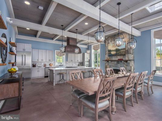Dining room, Fireplace, Interior, Kitchen, Pendant Lights, Recessed Lighting, Stainless Steel Appliances, Wooden Ceilings