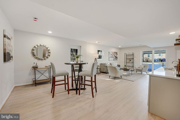 Dining room, Interior, Living room, Recessed Lighting, Wood Texture Flooring