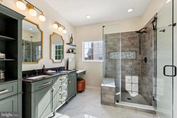 Bathroom, Dual Sink Vanities, Glass Shower, Interior, Marble, Recessed Lighting