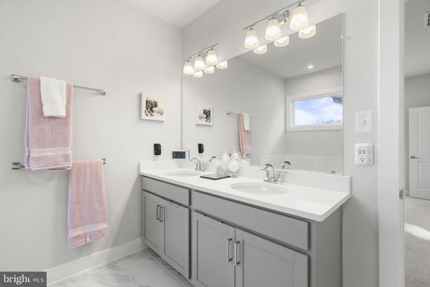 Bathroom, Dual Sink Vanities, Interior, Marble, Recessed Lighting