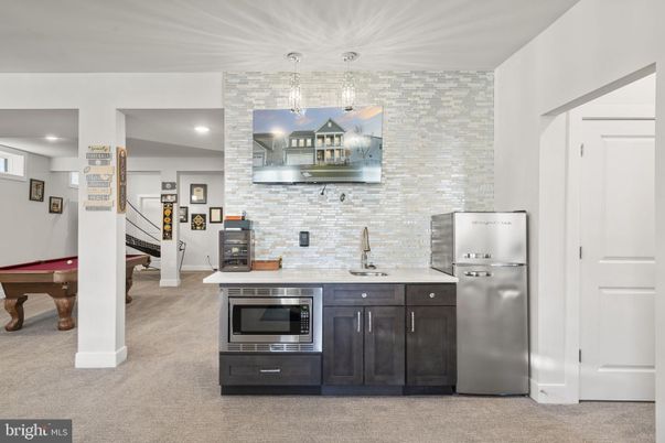 Billiard Table, Game Room, Interior, Kitchen, Pendant Lights, Recessed Lighting, Stainless Steel Appliances, Stone Walls