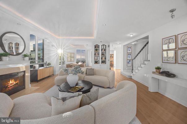 Dining room, Fireplace, Interior, Living room, Recessed Lighting, Wood Texture Flooring
