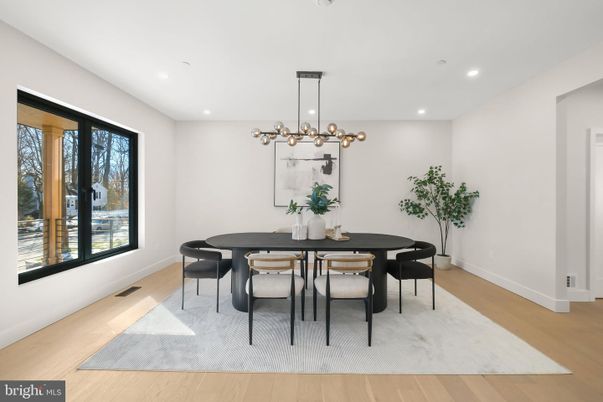 Dining room, Interior, Pendant Lights, Recessed Lighting, Wood Texture Flooring