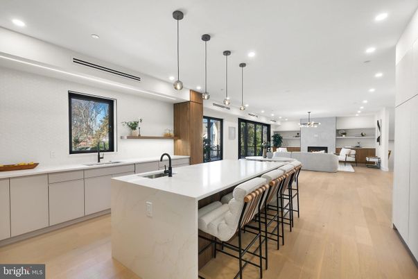 Fireplace, Interior, Kitchen, Living room, Pendant Lights, Recessed Lighting, Wood Texture Flooring