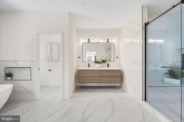 Bathroom, Dual Sink Vanities, Free Standing Baths, Glass Shower, Interior, Marble, Marble Walls