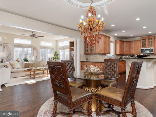 Chandelier, Dining room, Interior, Kitchen, Living room, Recessed Lighting, Wood Texture Flooring