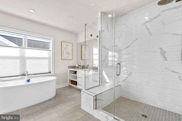Bathroom, Free Standing Baths, Glass Shower, Interior, Marble Walls, Recessed Lighting