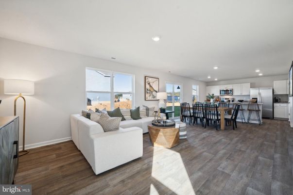 Dining room, Interior, Kitchen, Living room, Recessed Lighting, Stainless Steel Appliances, Wood Texture Flooring