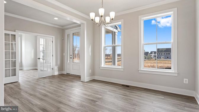 Chandelier, Empty room, Interior, Recessed Lighting, Wood Texture Flooring
