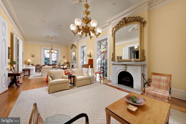 Chandelier, Dining room, Fireplace, Interior, Living room, Recessed Lighting, Wood Texture Flooring