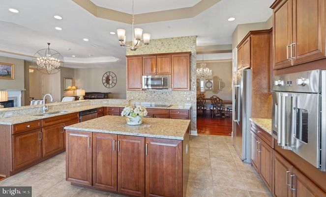 Chandelier, Dining room, Interior, Kitchen, Living room, Recessed Lighting, Stainless Steel Appliances, Wood Texture Flooring