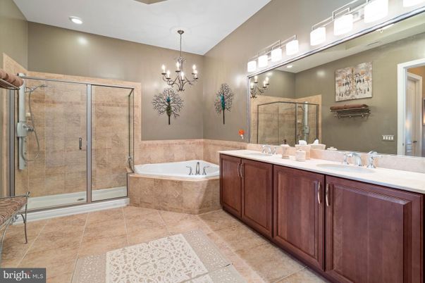 Bathroom, Chandelier, Dual Sink Vanities, Glass Shower, Interior, Recessed Lighting