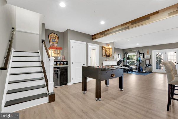 Billiard Table, Fitness Equipment, Game Room, Interior, Recessed Lighting, Wooden Beams, Wood Texture Flooring