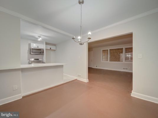 Empty room, Interior, Kitchen, Pendant Lights, Stainless Steel Appliances
