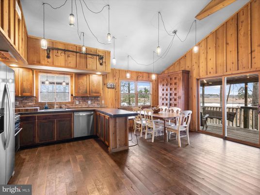 Dining room, Interior, Kitchen, Pendant Lights, Wood Texture Flooring, Wooden Walls