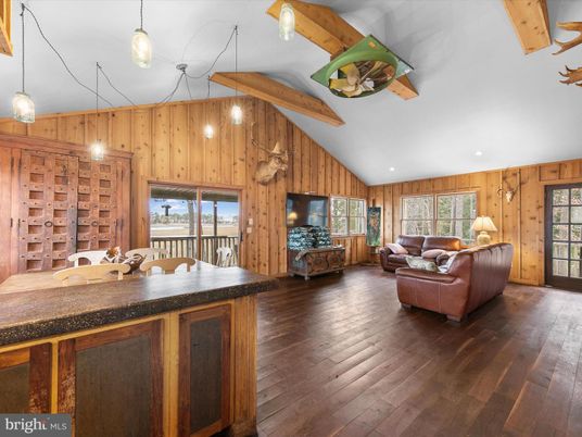 Interior, Living room, Pendant Lights, Recessed Lighting, Wooden Beams, Wood Texture Flooring, Wooden Walls