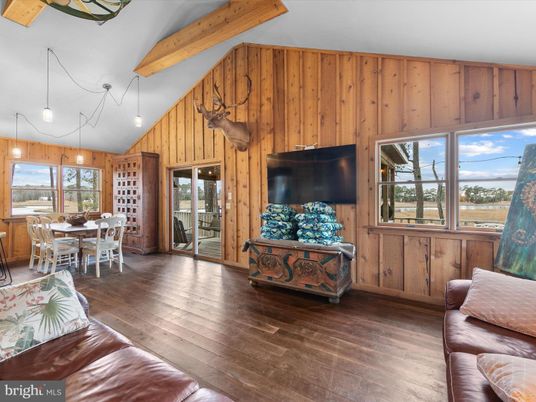 Dining room, Interior, Pendant Lights, Wooden Beams, Wood Texture Flooring, Wooden Walls
