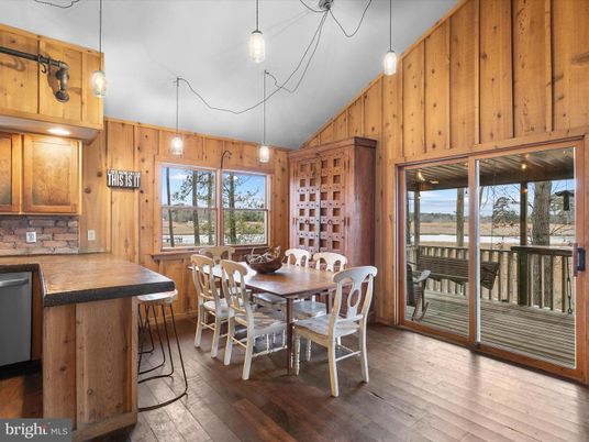 Dining room, Interior, Pendant Lights, Wood Texture Flooring, Wooden Walls