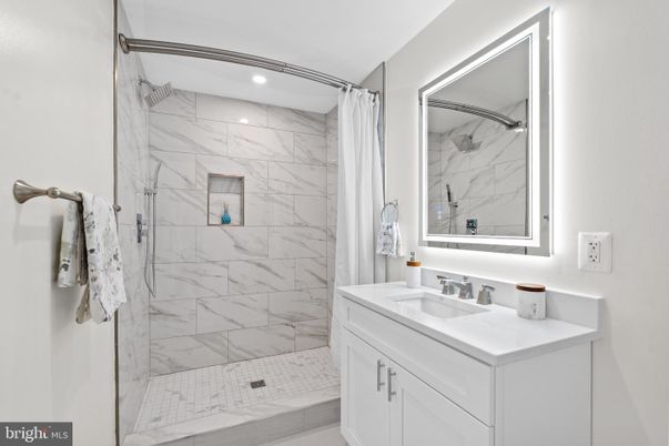Bathroom, Glass Shower, Interior, Marble Walls, Recessed Lighting
