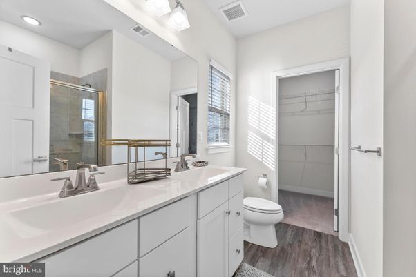 Bathroom, Dual Sink Vanities, Glass Shower, Interior, Recessed Lighting, Walk-in Closets, Wood Texture Flooring