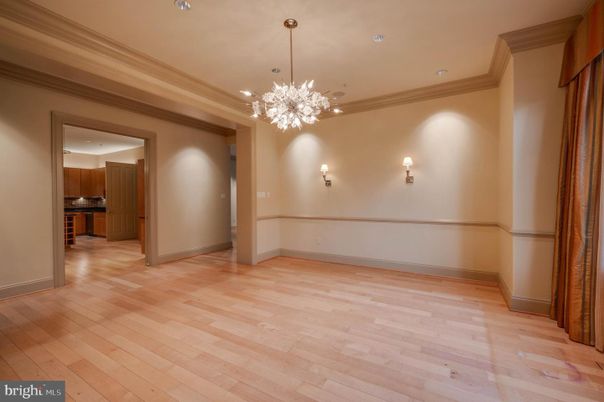 Chandelier, Empty room, Interior, Recessed Lighting, Wood Texture Flooring