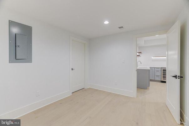 Empty room, Interior, Kitchen, Recessed Lighting, Wood Texture Flooring