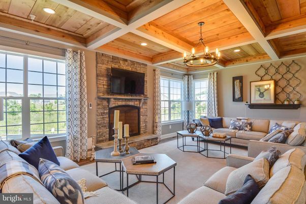 Chandelier, Fireplace, Interior, Living room, Recessed Lighting, Stone Walls, Wooden Beams, Wooden Ceilings