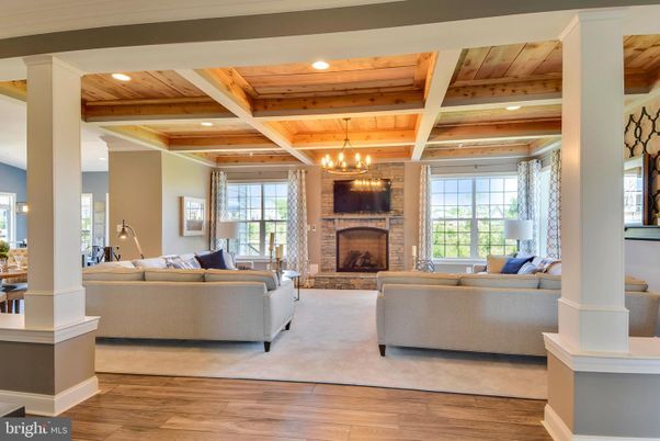 Chandelier, Fireplace, Interior, Living room, Recessed Lighting, Wooden Beams, Wooden Ceilings, Wood Texture Flooring