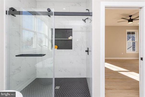 Bathroom, Glass Shower, Interior, Marble Walls, Wood Texture Flooring