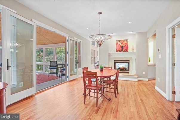 Chandelier, Dining room, Fireplace, Interior, Recessed Lighting, Wood Texture Flooring