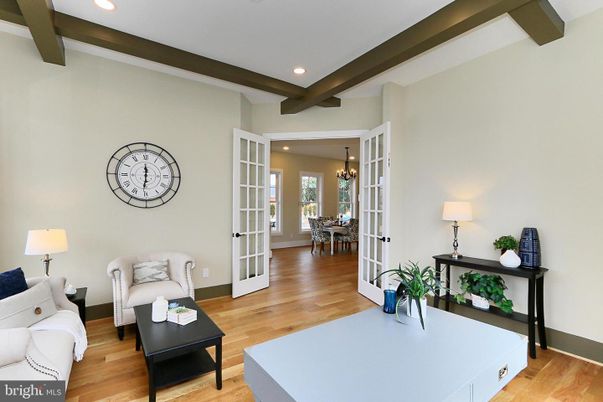 Chandelier, Dining room, Interior, Living room, Recessed Lighting, Wooden Beams, Wood Texture Flooring