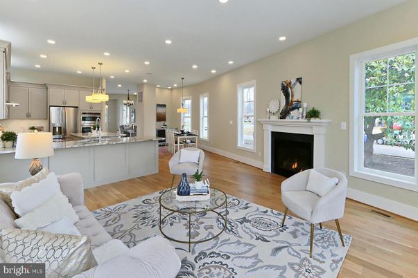 Dining room, Fireplace, Interior, Kitchen, Living room, Pendant Lights, Recessed Lighting, Stainless Steel Appliances, Wood Texture Flooring