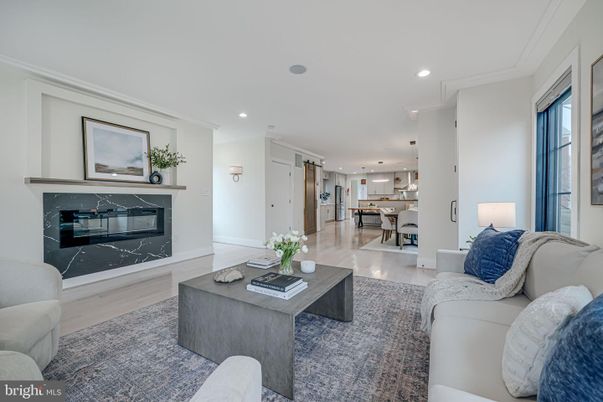 Dining room, Fireplace, Interior, Kitchen, Living room, Pendant Lights, Recessed Lighting, Wood Texture Flooring