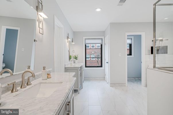Bathroom, Dual Sink Vanities, Interior, Marble, Recessed Lighting